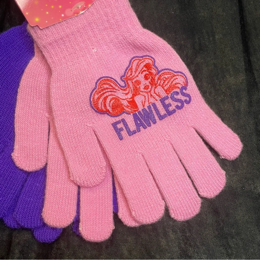 DISNEY PRINCESS Girls Winter Gloves 2 pair lot Pink Purple Knit NWT